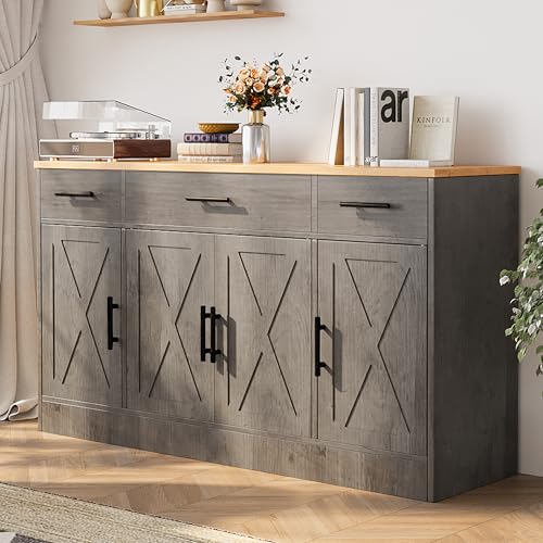 Ash Grey Wood Buffet Cabinet with 3 Drawers and 4 Doors Y504401
