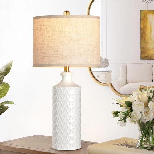 Farmhouse Ceramic Table Lamp Set of 2, 25" White Accent Lamp with 3-Color Temperature LED Bulbs M4032