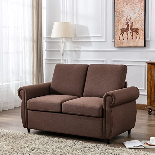 Gray Linen Pull Out Sofa Bed with Twin Memory Foam Mattress D6715