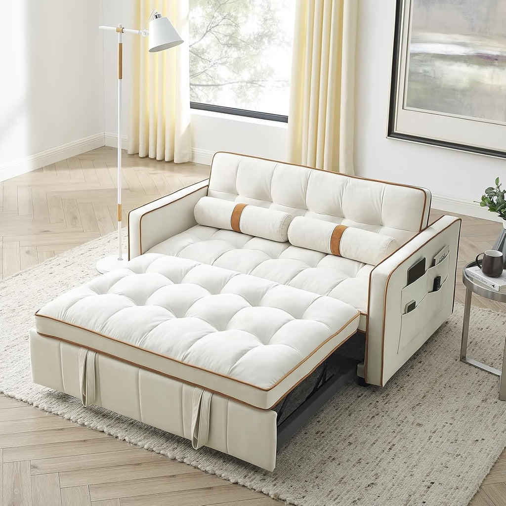 Beige 2 Seater Sleep Sofa Bed with Side Pockets E5151