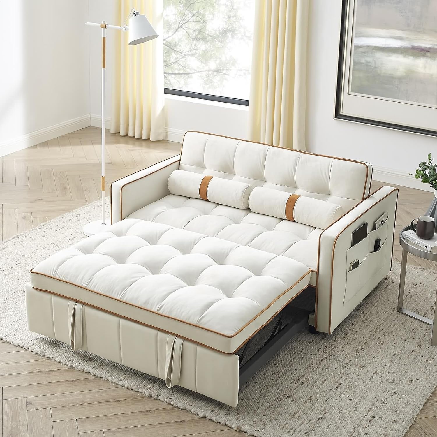 Beige 2 Seater Sleep Sofa Bed with Side Pockets E5151