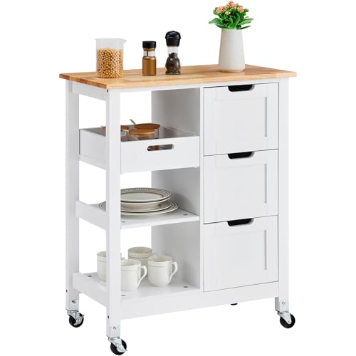White 26 inch Wood Top Mobile Kitchen Island Cart with 3 Drawers and Shelves Y1844