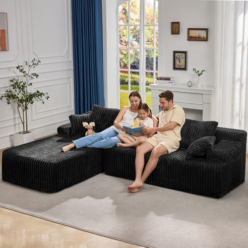 Grey Stripe L-Shape 3 Seat Modular Sectional Sofa with Oversized Chaise N10789