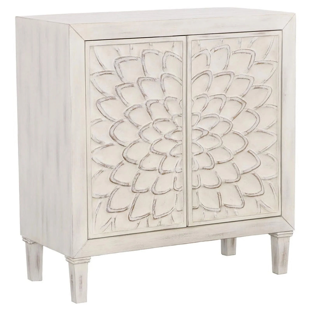White Wood Accent Cabinet with Floral Carved Door V862