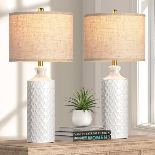 Farmhouse Ceramic Table Lamp Set of 2, 25" White Accent Lamp with 3-Color Temperature LED Bulbs M4032