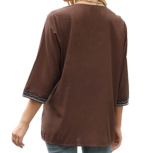 Embroidered 3/4 Sleeve V Neck Tunic Blouses U3489