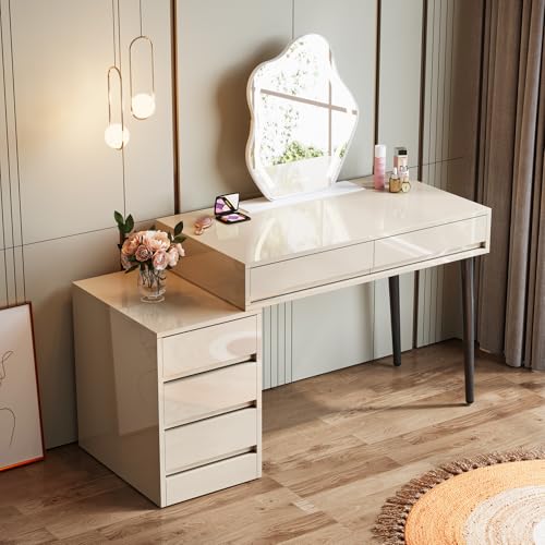 Beige Glossy Desk with 5 Drawers X634