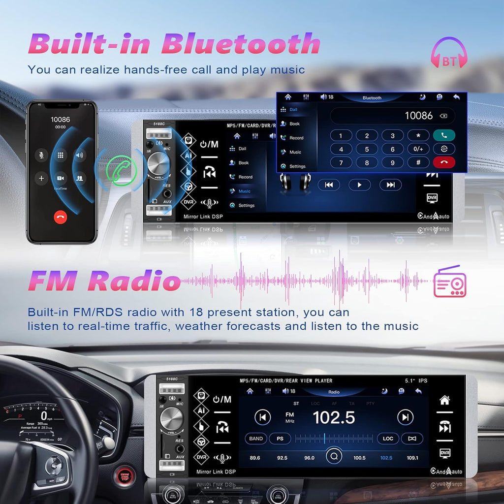 Single Din 5.1 Inch Touchscreen Car Stereo with Carplay Android Auto Bluetooth DVR FM RDS AM Tuner USB SD Aux SWC Microphone Backup Camera Q82685