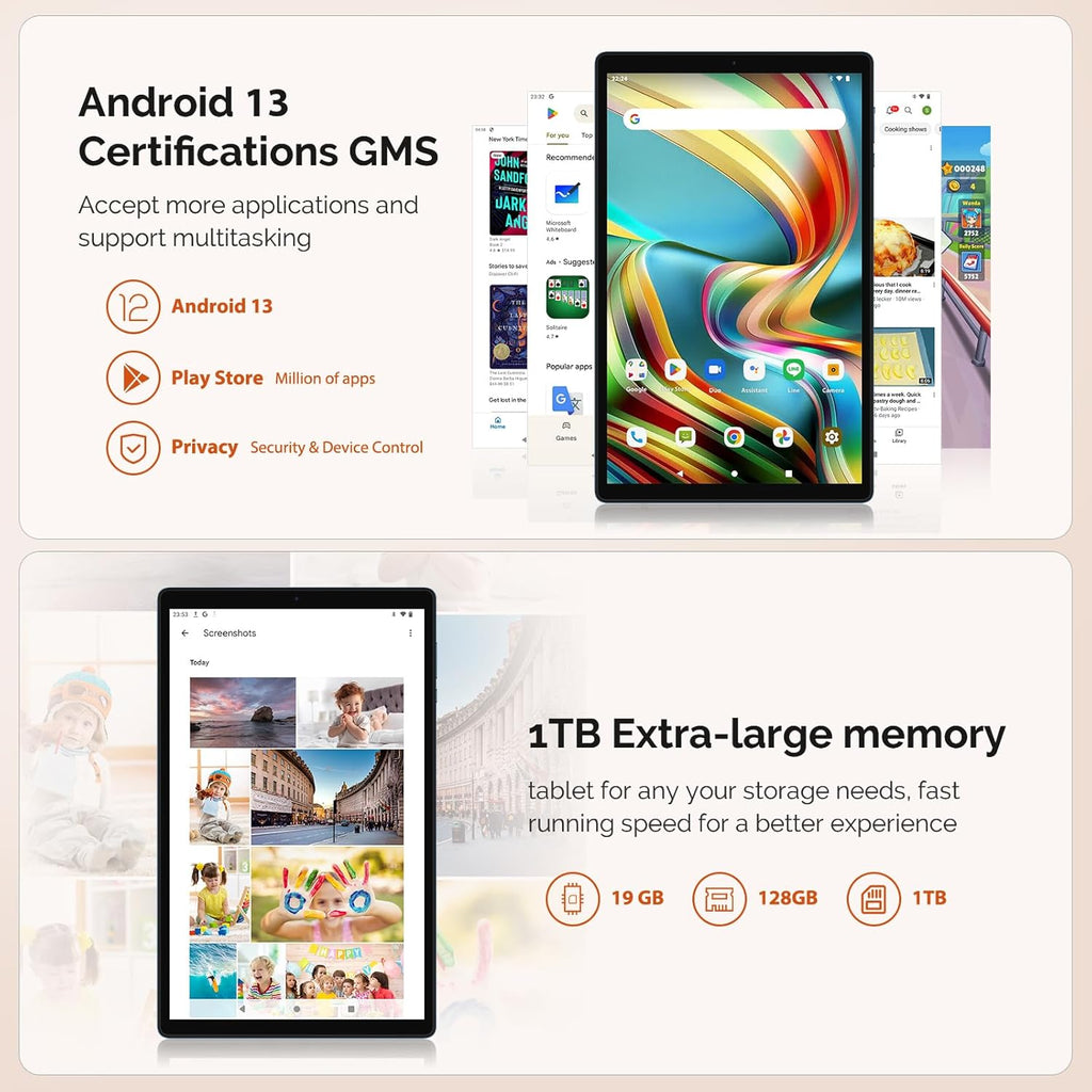 Blue 10.1 inch Android 13 Tablet with 128GB ROM, 19GB RAM, Keyboard and Mouse D471127