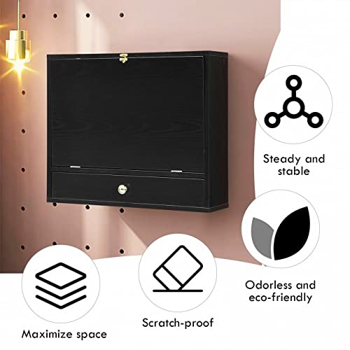 Black Wall Mounted Floating Desk with Drawer & Shelves P60923
