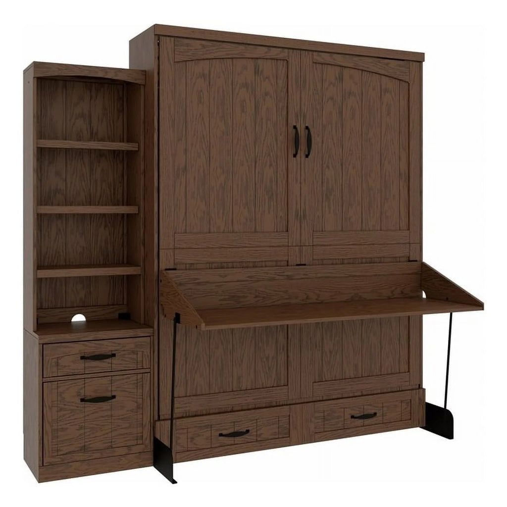Brown Wood Queen Murphy Wall Desk Bed with Shelf Storage Y315