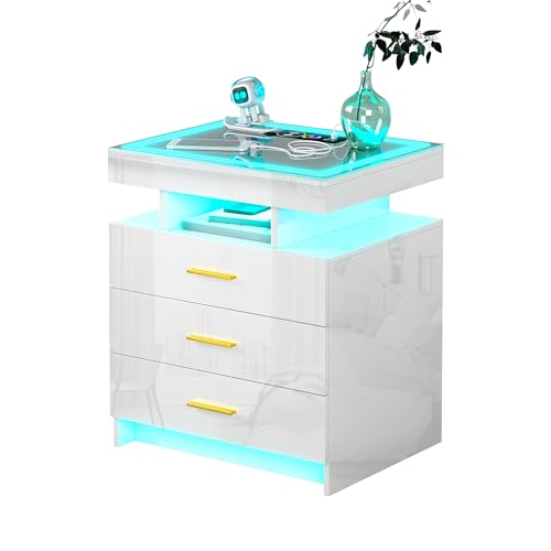 Black LED Nightstand with 3 Drawers and Wireless Charging D589