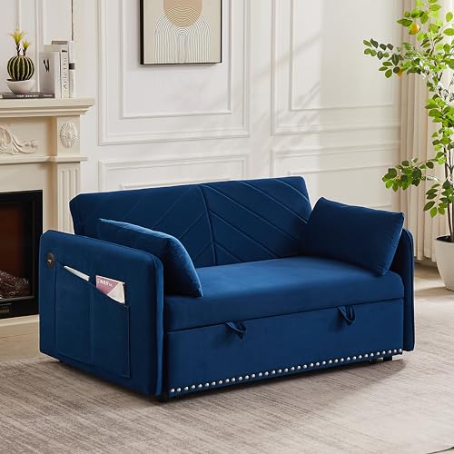 Blue Velvet 55 Inch Sleeper Sofa with Pull-Out Bed X27447