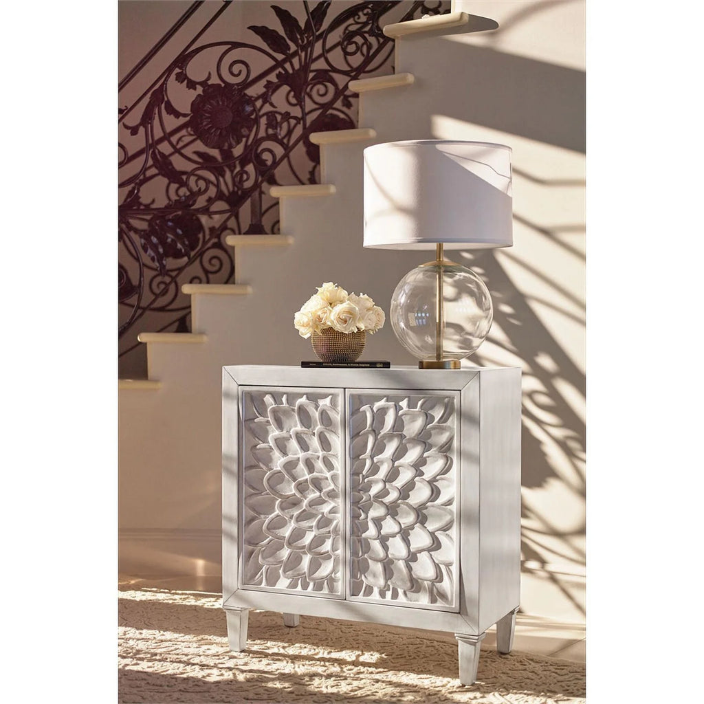 White Wood Accent Cabinet with Floral Carved Door V862