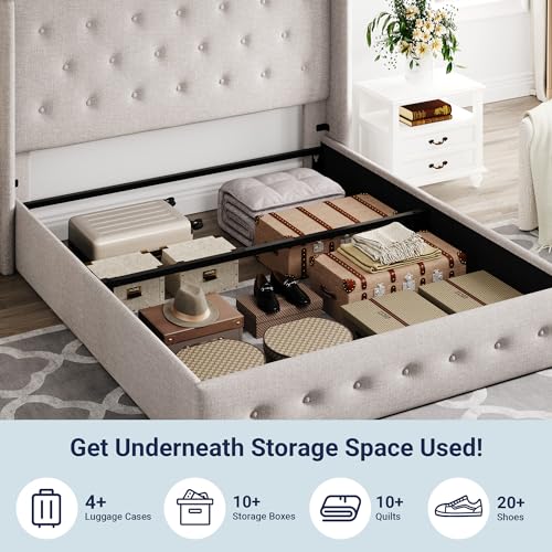 Full Size Lift Up Storage Bed with Wingback Headboard, Light Beige W9658