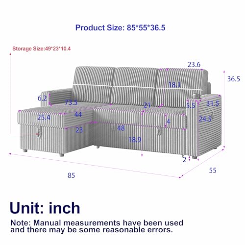85'' L-Shaped Corduroy Sleeper Sofa with Storage Chaise J59871
