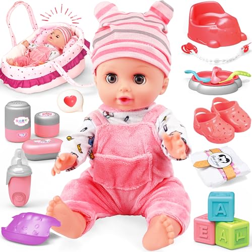 14 Inch Doll Playset with Carrier Bassinet Bed, Feeding Set, Doll Clothes F8132