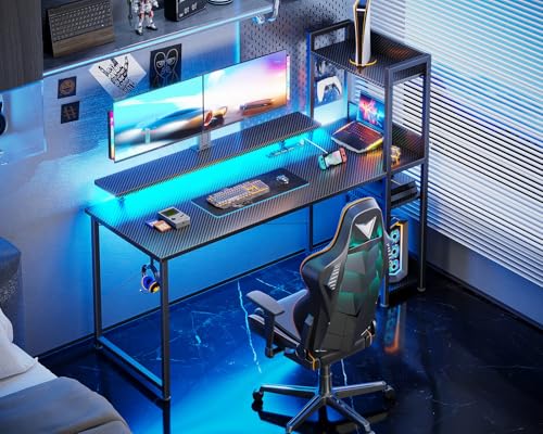 40 Inch Carbon Fiber Black Gaming Desk with USB Charging Port and LED Lights M305