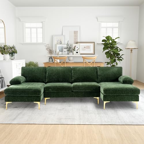 Green Chenille 4 Seater U-Shaped Sectional Couch with Double Chaises and Metal Legs H49716