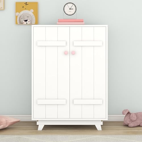 White Wooden Wardrobe Cabinet with Hanging Rod and Doors N31139