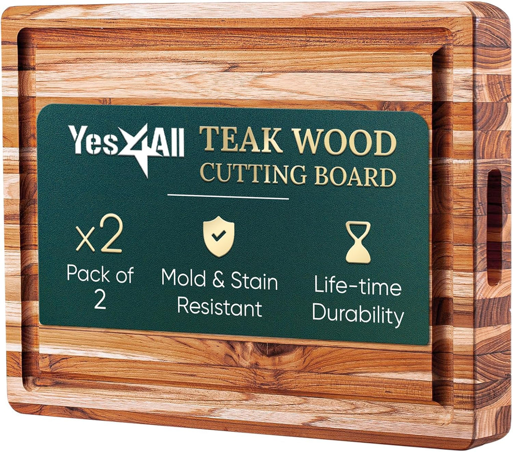 Set of 2 Teak Wood Cutting Board with Juice Groove and Handles - 17 inches + 20 inches W1868
