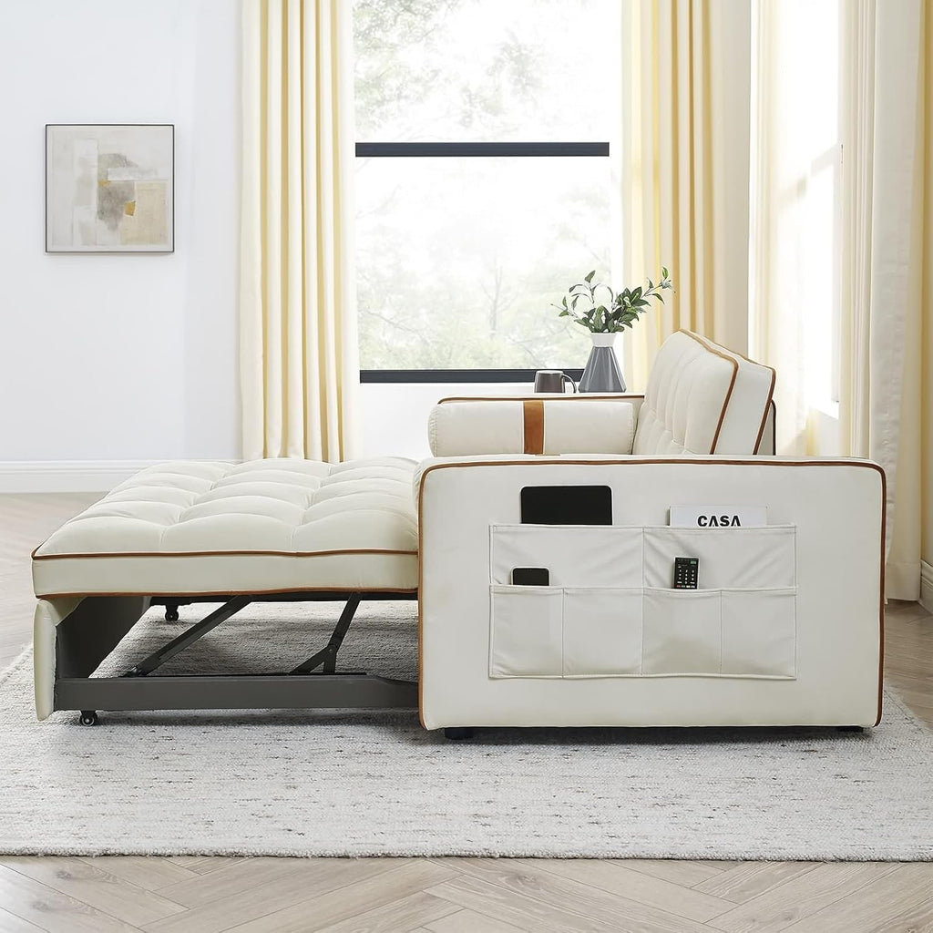 Beige 2 Seater Sleep Sofa Bed with Side Pockets E5151