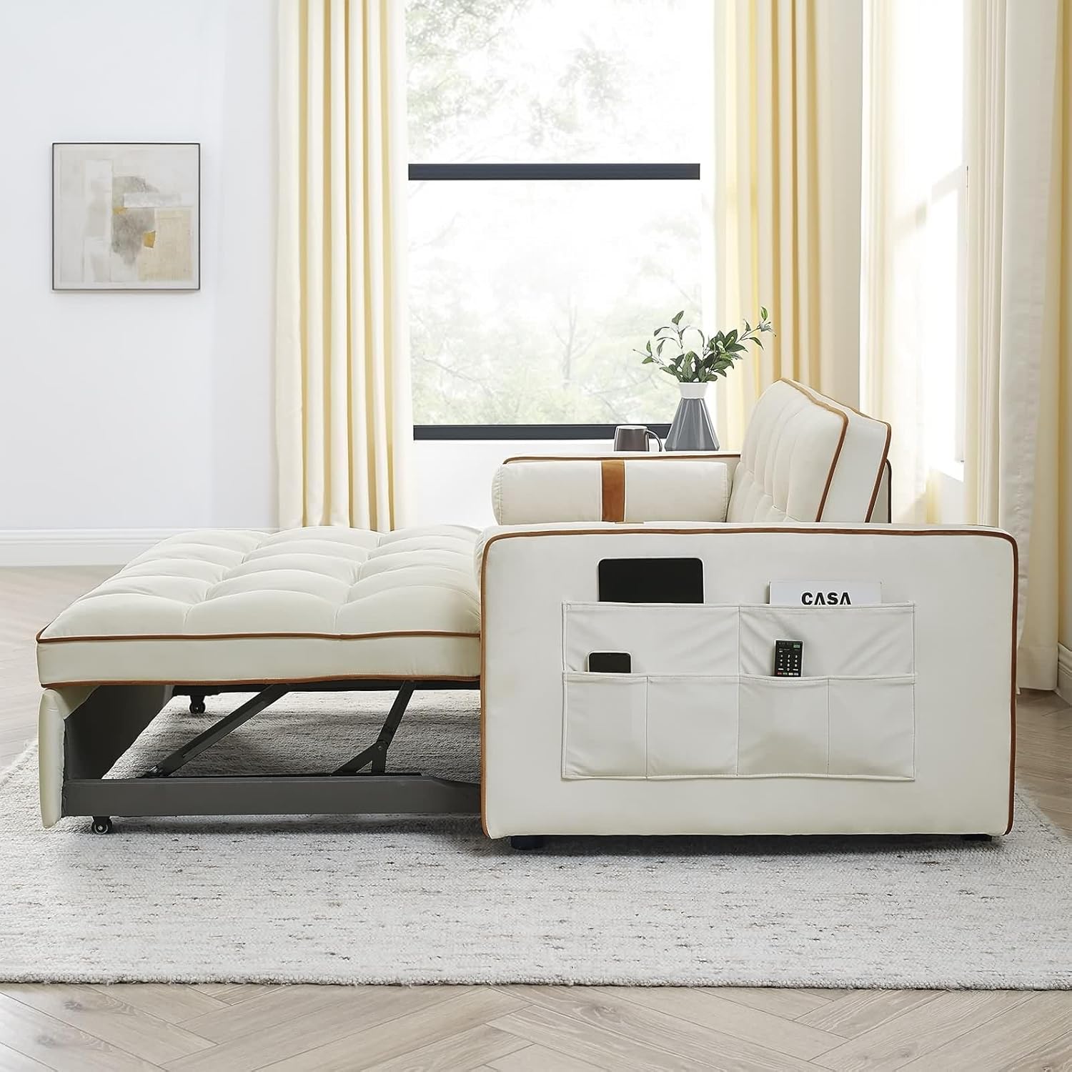 Beige 2 Seater Sleep Sofa Bed with Side Pockets E5151