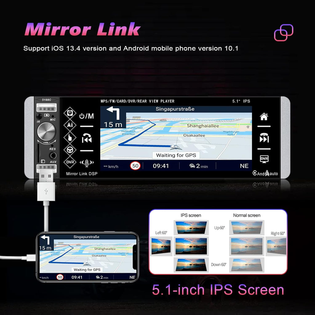 Single Din 5.1 Inch Touchscreen Car Stereo with Carplay Android Auto Bluetooth DVR FM RDS AM Tuner USB SD Aux SWC Microphone Backup Camera Q82685