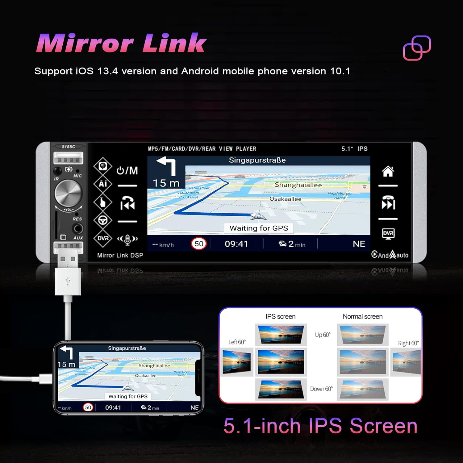 Single Din 5.1 Inch Touchscreen Car Stereo with Carplay Android Auto Bluetooth DVR FM RDS AM Tuner USB SD Aux SWC Microphone Backup Camera Q82685