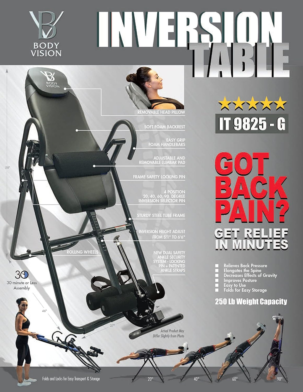 Gray Inversion Table with Removable Head Pillow & Lumbar Support Pad Z485752