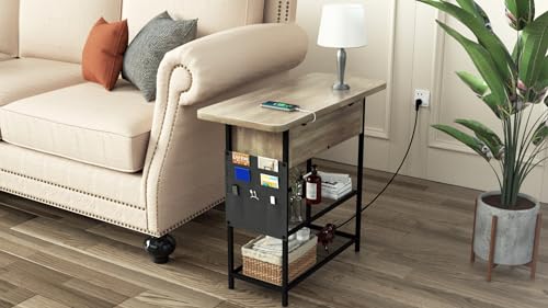 Rustic Brown Narrow Side Table with USB C Ports and Outlets and Drawers V4288