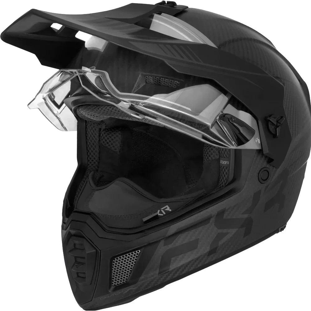 Black Carbon Fiber Snowmobile Helmet with Heated Face Shield R778573