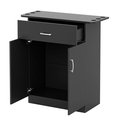 Black Wall Mount Salon Storage Station Barber Cabinet with Drawer and 2 doors, 6 Hair Dryer Holders W4289