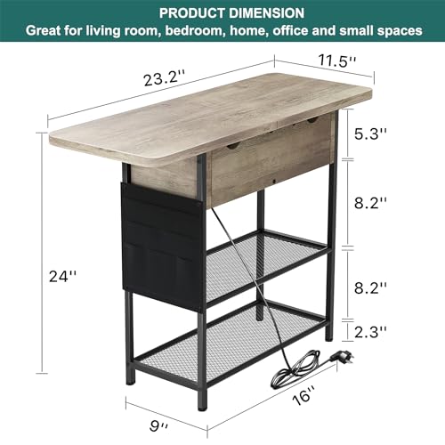 Rustic Brown Narrow Side Table with USB C Ports and Outlets and Drawers V4288