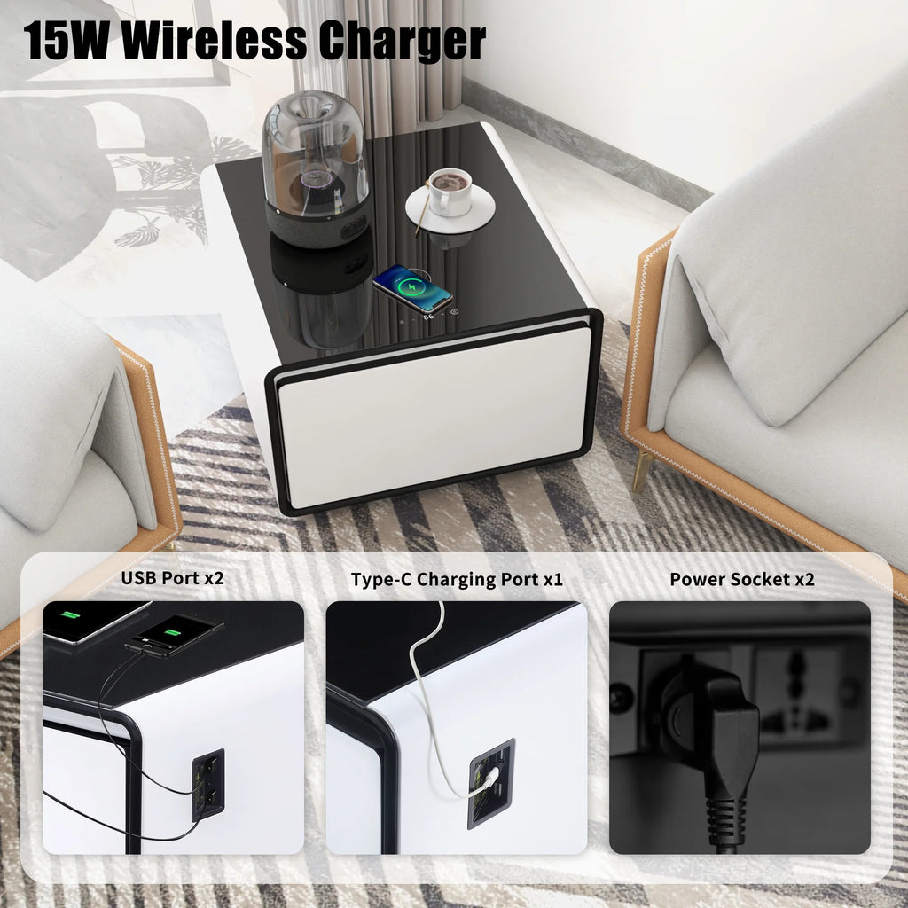 White Smart Side Table with Built in Fridge and Storage Drawer W205
