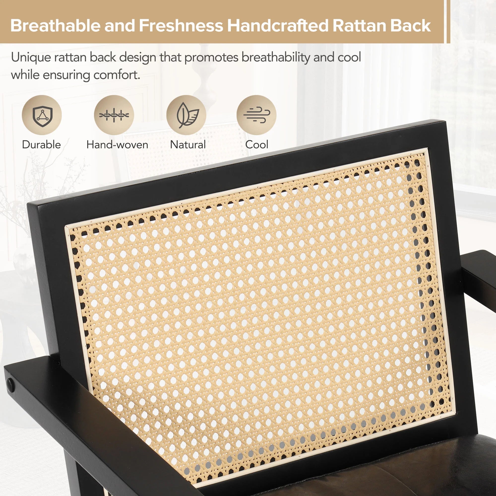 Black Accent Chair with Rattan Backrest and Padded Seat T20822