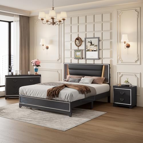 3-Pieces Queen Size Upholstered Bedroom Sets with LED Lights Y64225