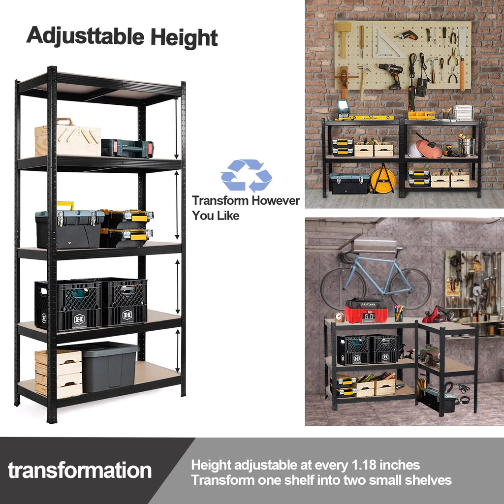 5 Tier Adjustable Heavy Duty Metal Storage Shelving, Black, 35.4" x 15.7" x 70" C522119