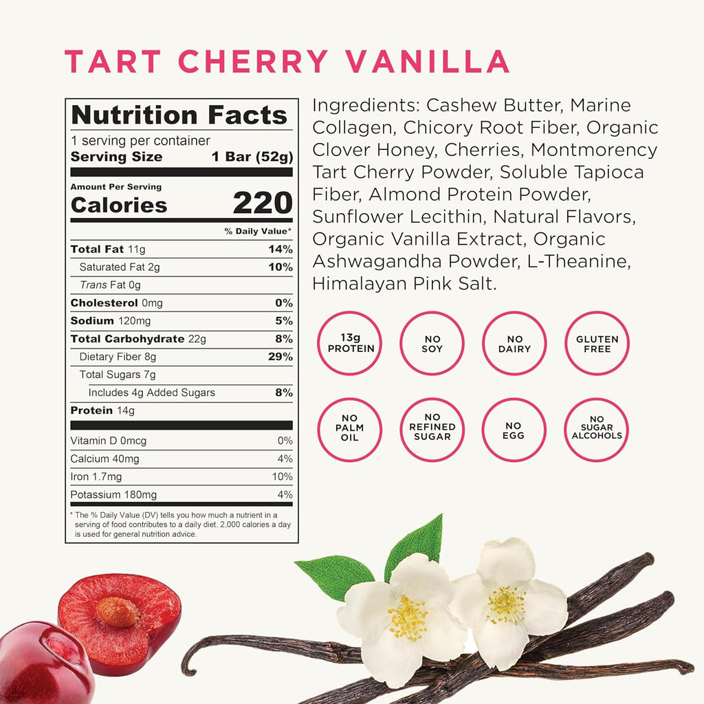 Tart Cherry Vanilla Marine Collagen Protein Bar with Ashwagandha and L-Theanine (Pack of 12) P92075
