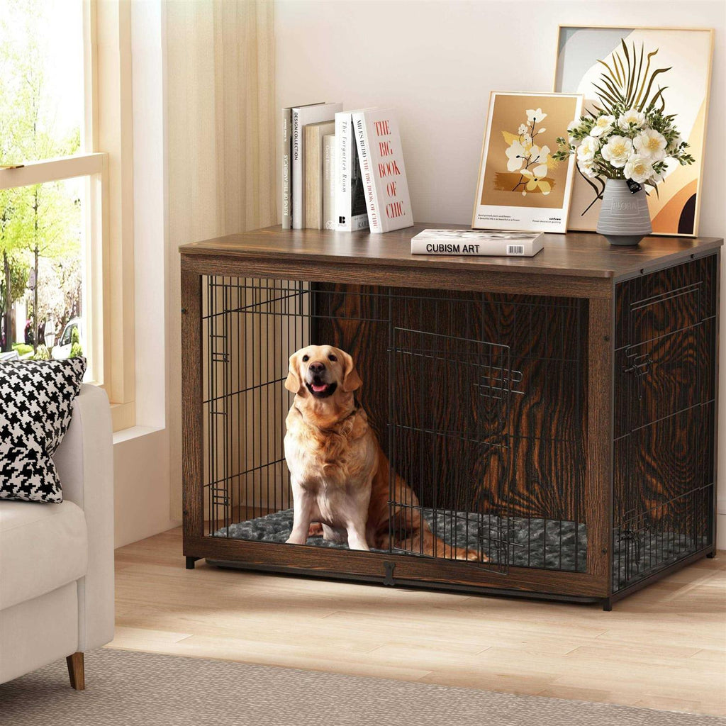 Wooden Dog Crate Furniture with Cushion End Table with Tray T573346