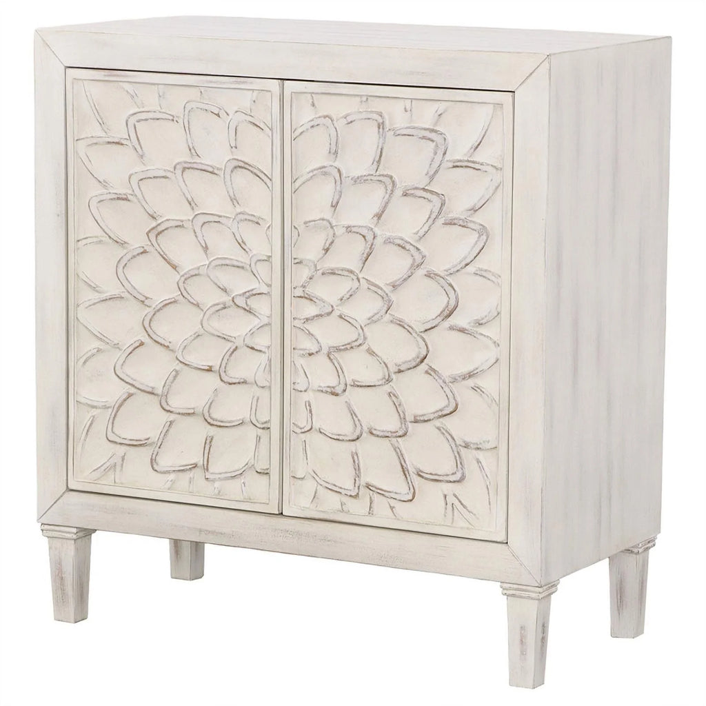 White Wood Accent Cabinet with Floral Carved Door V862
