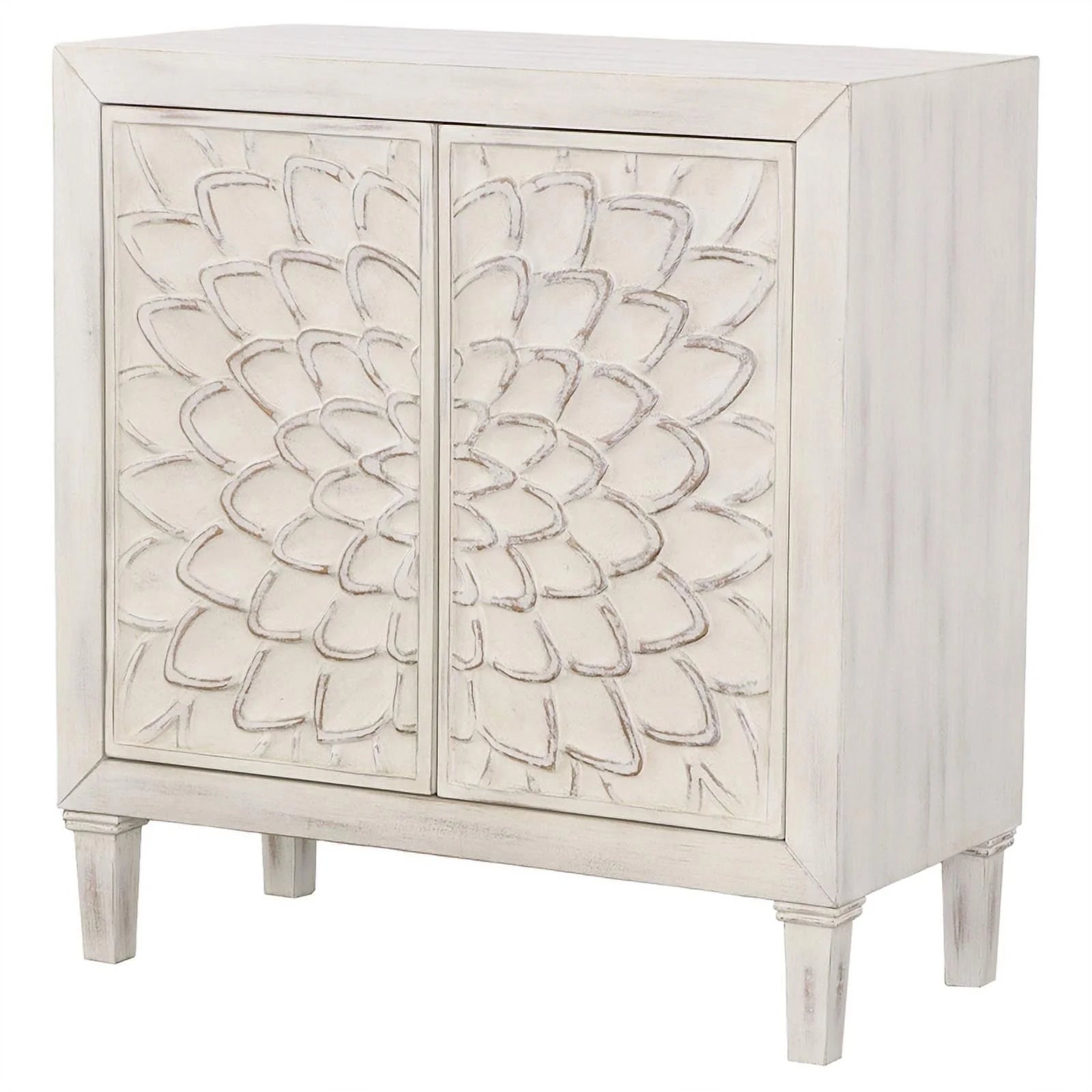 White Wood Accent Cabinet with Floral Carved Door V862