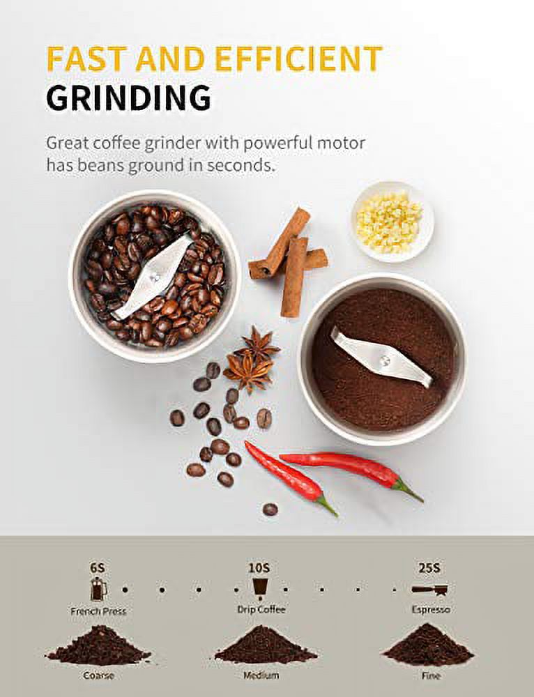 Silver Electric Coffee Grinder with 2 Removable Stainless Steel Bowls J898