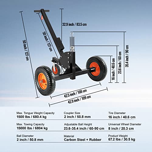 Adjustable Trailer Dolly with 1-7/8'' Hitch Ball & 10'' Solid Tires, 16''-24'' Adjustable Height, 600lbs Tongue Weight Capacity S486
