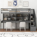 White Twin Size Wood Loft Bed with Storage Stairs and Double Desks D17316