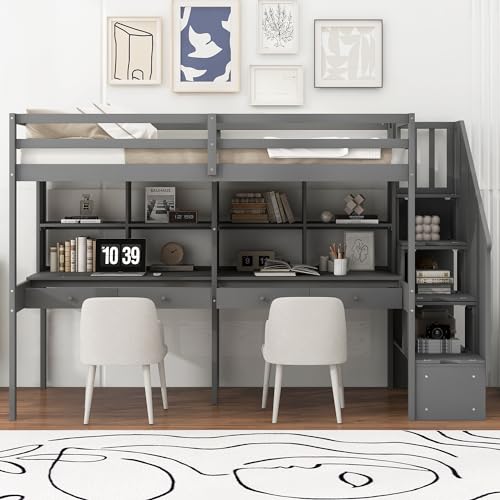 White Twin Size Wood Loft Bed with Storage Stairs and Double Desks D17316
