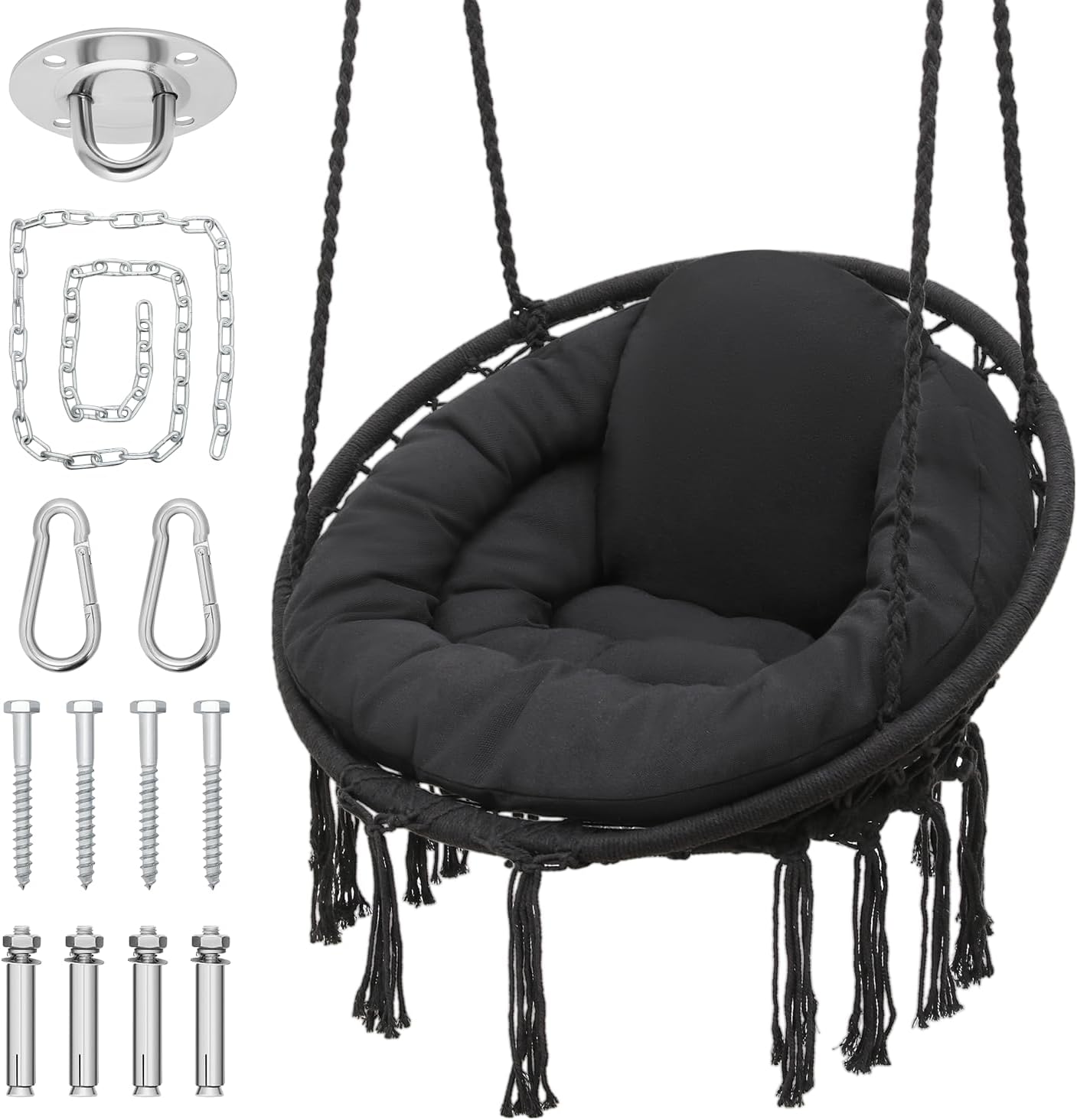 Black Hanging Hammock Chair with Large Padded Cushion, 350 Lbs Capacity N85496