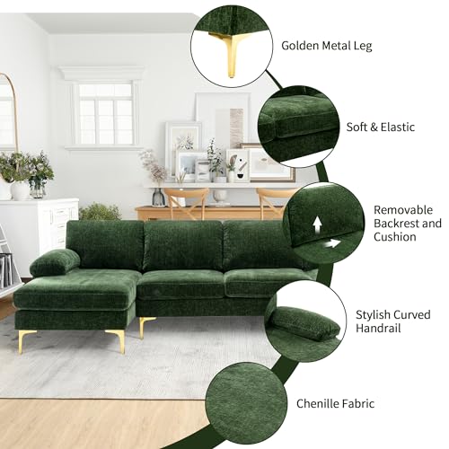 Green Chenille 4 Seater U-Shaped Sectional Couch with Double Chaises and Metal Legs H49716