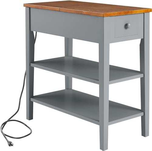 Gray Side Table with Charging Post and Storage Cabinet Q249