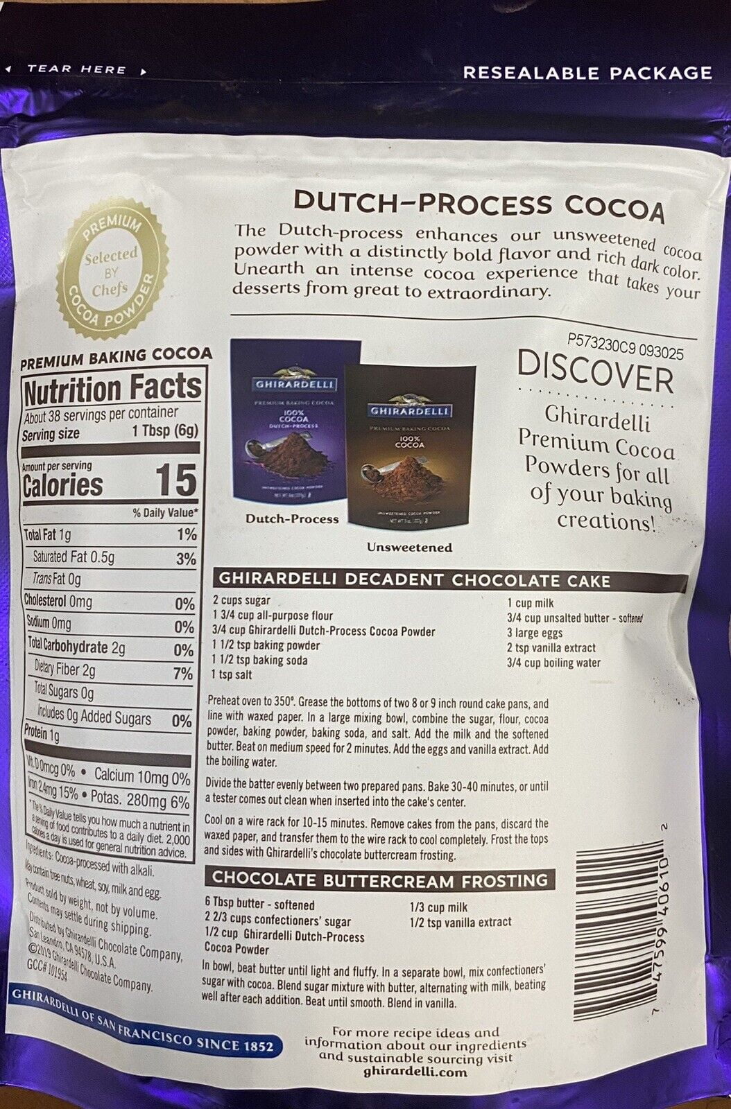 DUTCH PROCESS 100% Unsweetened Cocoa Powder 8 oz B125